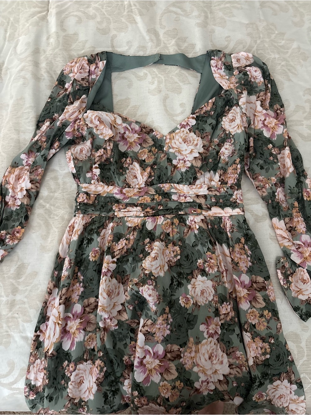 Forever 21 Green Floral Long-Sleeve Mini Dress with Pink Blooms